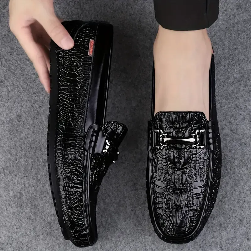 Men's Solid Color Lightweight Slip On Split Cow Leather Upper Loafer Shoes, Comfy Non Slip Casual Rubber Sole Dress Shoes, Men's Footwear