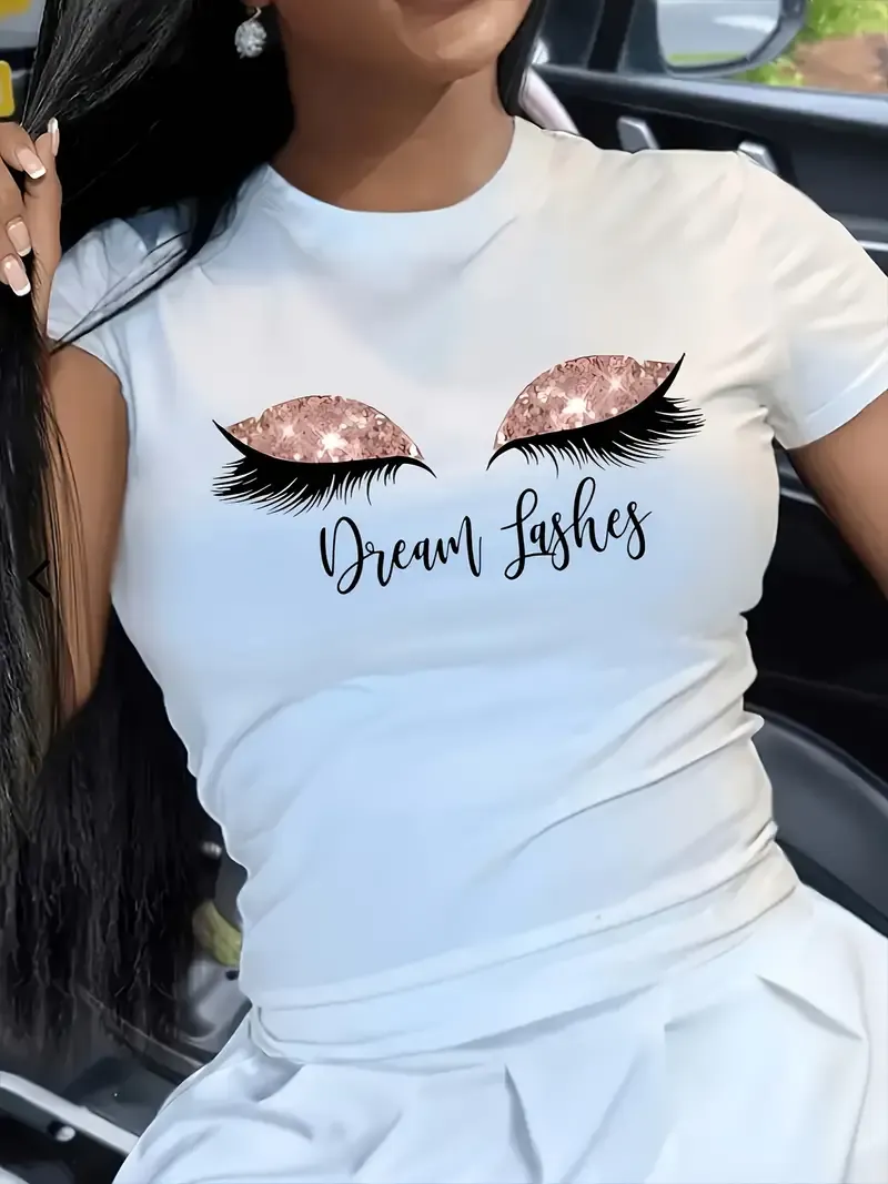 Vibrant Eyelash Print Crew Neck T-Shirt - Soft Micro Elasticity