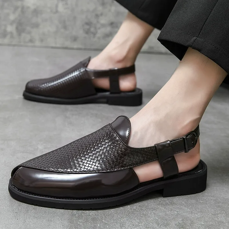 Summer fashion woven leather sandals, large-sized personalized solid-color outdoor beach sandals
