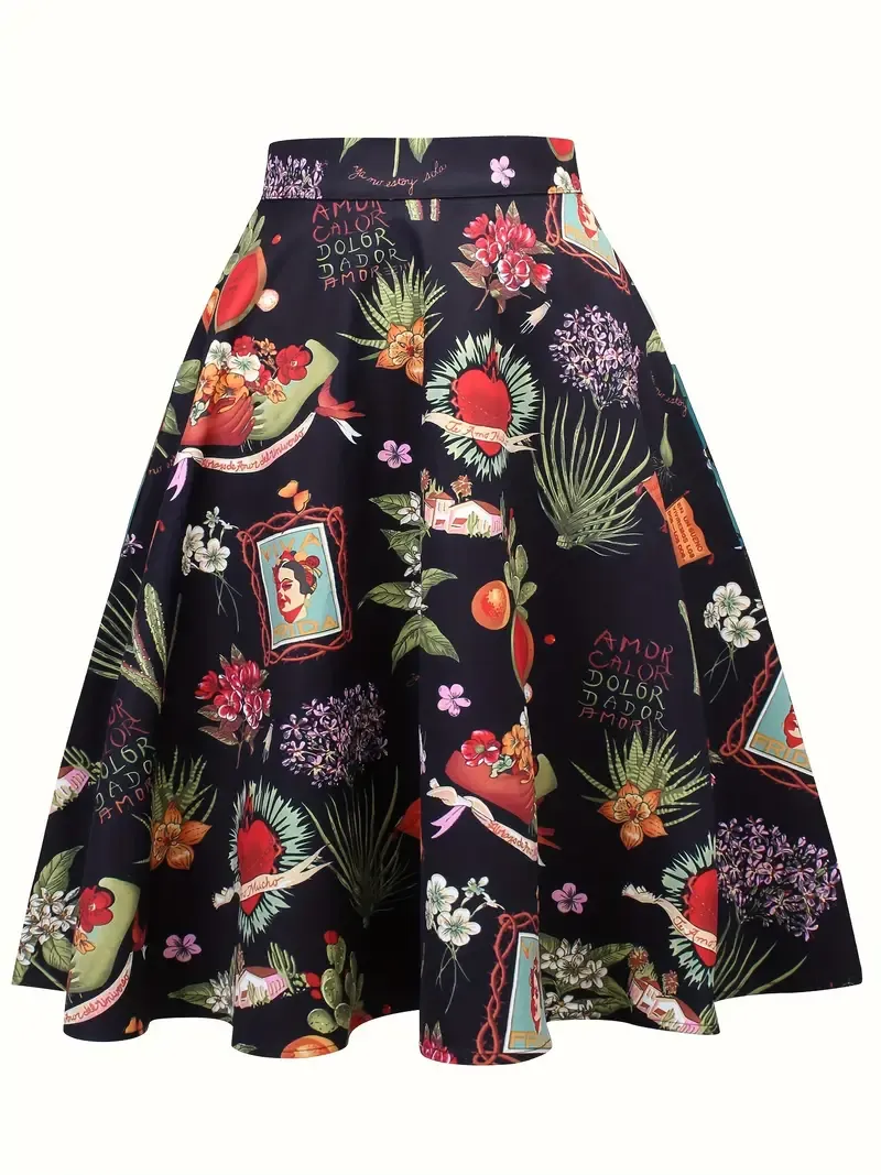 Elegant A-Line Floral & Letter Print Skirt for Women - High Waist, Zip Detail, Non-Stretch Polyester Fabric