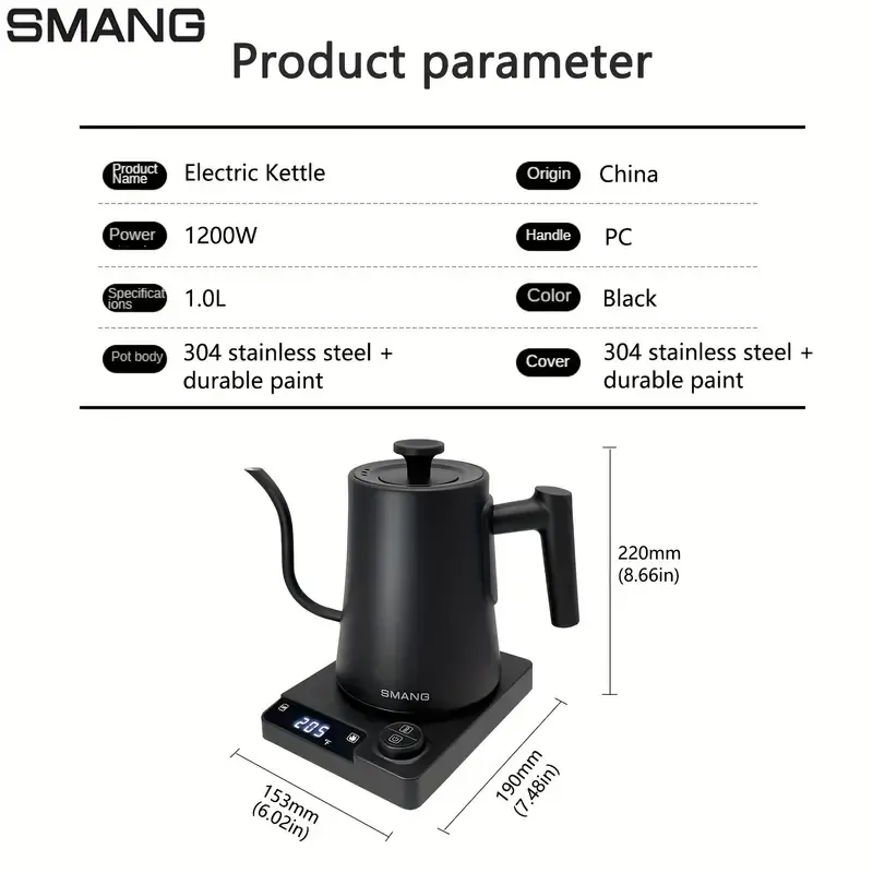 Smang Electric Gooseneck Kettle 1000ml - Adjustable 104°F-212°F Temperature Control, Fast Boiling 1200W Power, Stainless Steel, Anti-Dry Burn, Precision Pouring, Built-in Timer, Constant Temperature, UK Plug