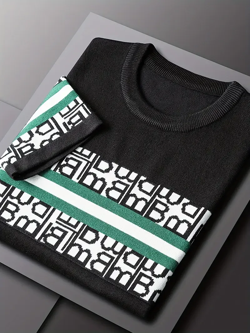 Men's Geometric Graphic Print Knitted Pullover, Casual Short Sleeve Crew Neck Sweater For All Seasons