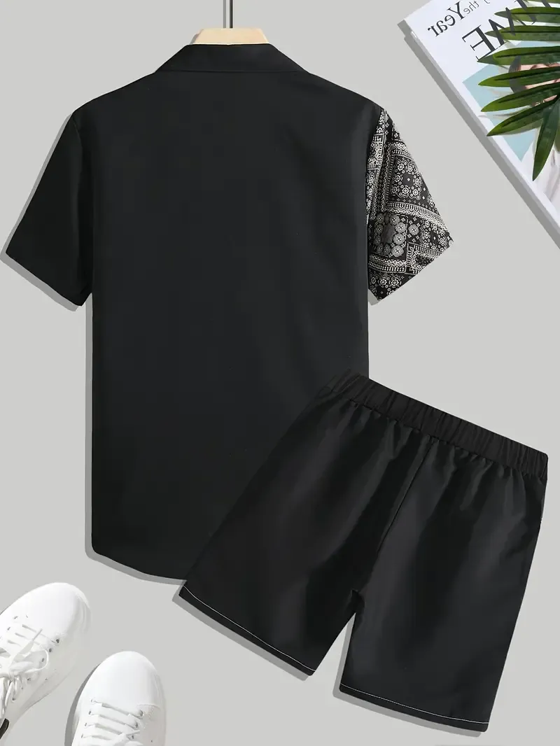 Men's Outfit, Geometric Pattern Casual Lapel Button Up Short Sleeve Shirt With Chest Pocket & Shorts 2-piece Set For Summer Outdoor Activities