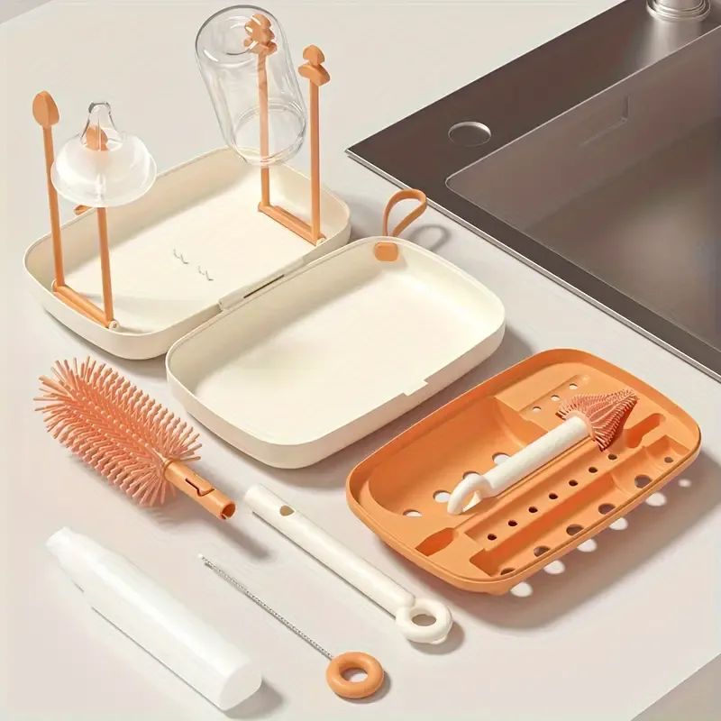 Silicone Bottle Brush And Pacifier Brush With Storage Box, Draining Rack, And Straw Brush, Home And Travel Use