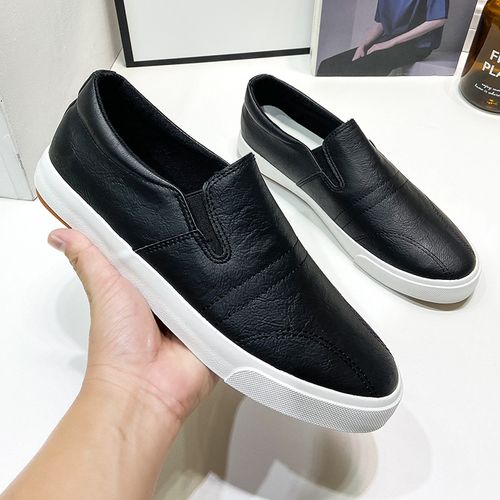 Slip-on casual men's shoes, low-top, easy-fit leather shoes, lightweight rubber shoes for all seasons, men's flat shoes.