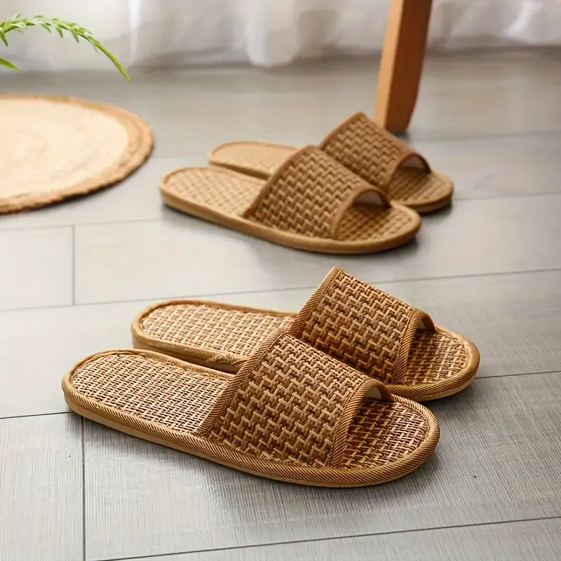 2pcs Breathable Bamboo Woven Grass Slippers, Casual Open Toe Flat Summer Shoes, Comfortable Indoor Home Slippers