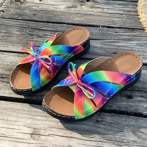 Women's Bowknot Slide Shoes, Peep Toe Arch Support Slip On Shoes, Comfort Outdoor Slide Sandals