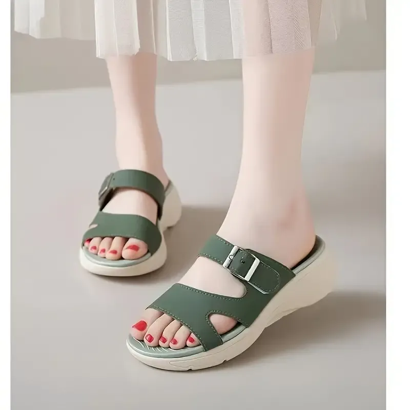 Women's Fashion Slide Sandals - Casual, Machine Washable, Solid Color with Buckle Closure, Round Toe Design, Vegan Cover Upper & EVA Insole