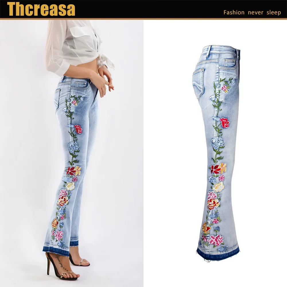 European and American heavy-duty 3D embroidered women's jeans, trousers, bell-bottom pants, large size women's clothing