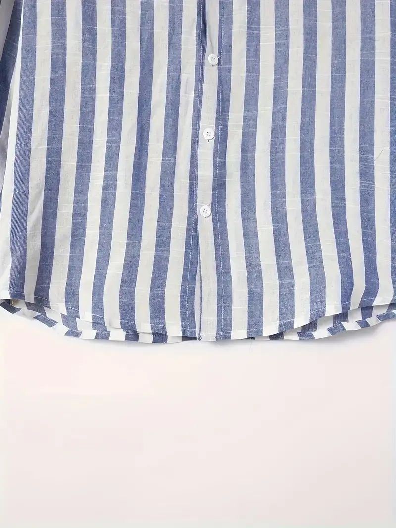 Men's Contrast Color Striped Long Sleeve Single-breasted Lapel Shirt, Spring And Autumn Fashion Cotton Linen Blend Top For Dating And Beach Holiday Wear, Top As Gift