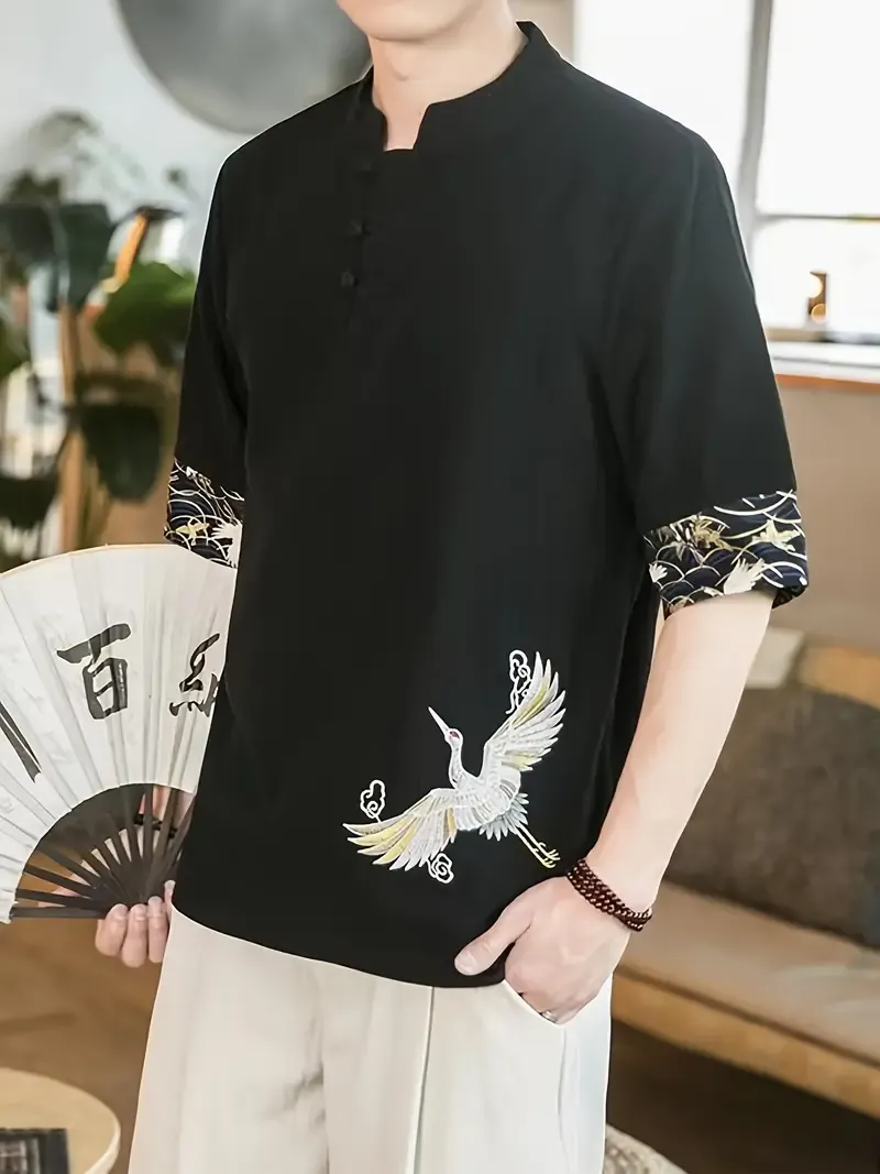 Men's Chinese Style Crane Embroidery Pure Cotton Stand Collar Short Sleeve And Frog Buttoned Henley Neck Tang Suit Shirt, Lightweight And Breathable Leisure Tops For Summer Daily And Outdoors Wear