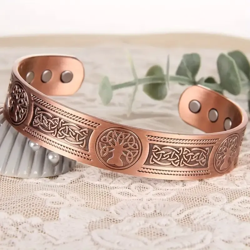 1pcs Solid Copper Magnetic Cuff Bangle - Tree Of Life Pattern, Adjustable Size, Ultra Strong Magnets, Gift For Men Women, Mom Dad, Birthday, Christmas, Anniversary, And Everyday Wear