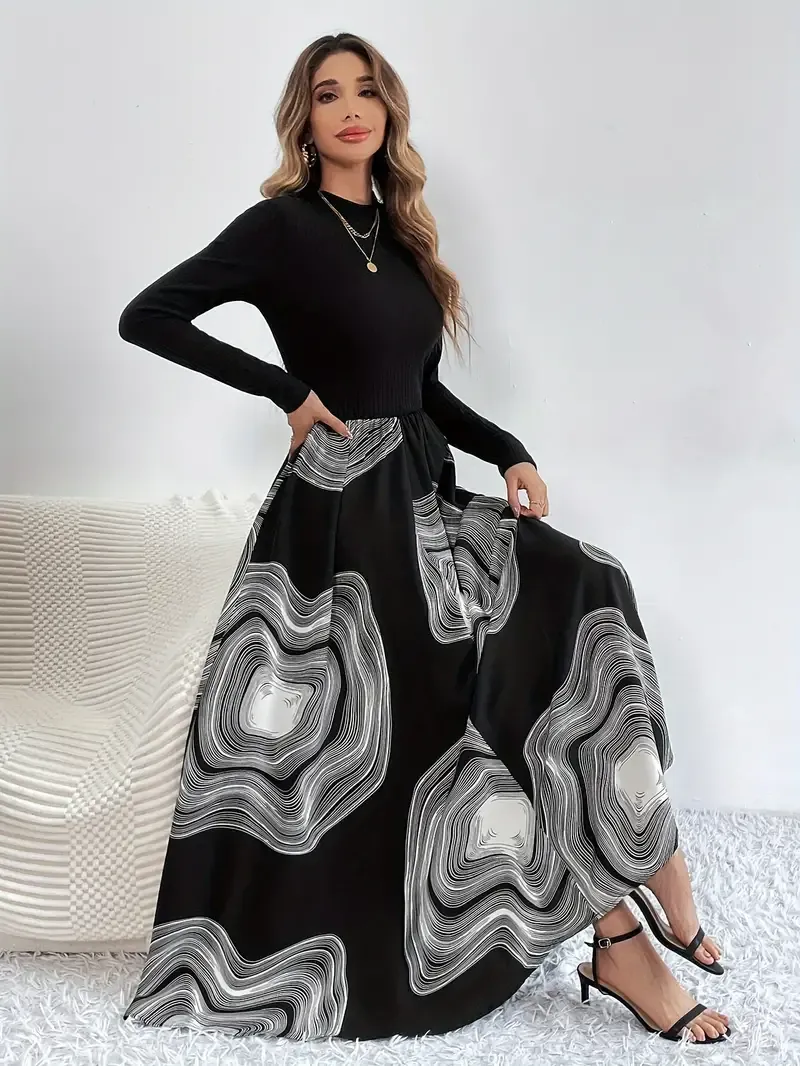 Elegant High-Top Printed Long-Sleeve Dress with Geometric Pattern And Round Neck for Adults, Polyester Fabric with Pleats