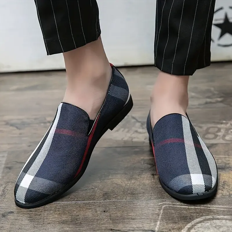 Men's Casual Striped Loafer Shoes - Fashionable One-Piece Slip-On with Round Toe, Low-Profile, PU Leather, Rubber Sole, Ideal for Daily and Leisure Wear, Unisex Adult