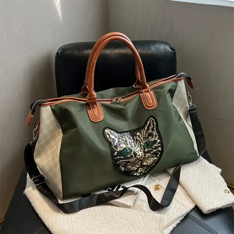 Large Capacity Sequins Cat Pattern Luggage Handbag, Versatile Portable Duffle Bag, Short Distance Zipper Storage Bag