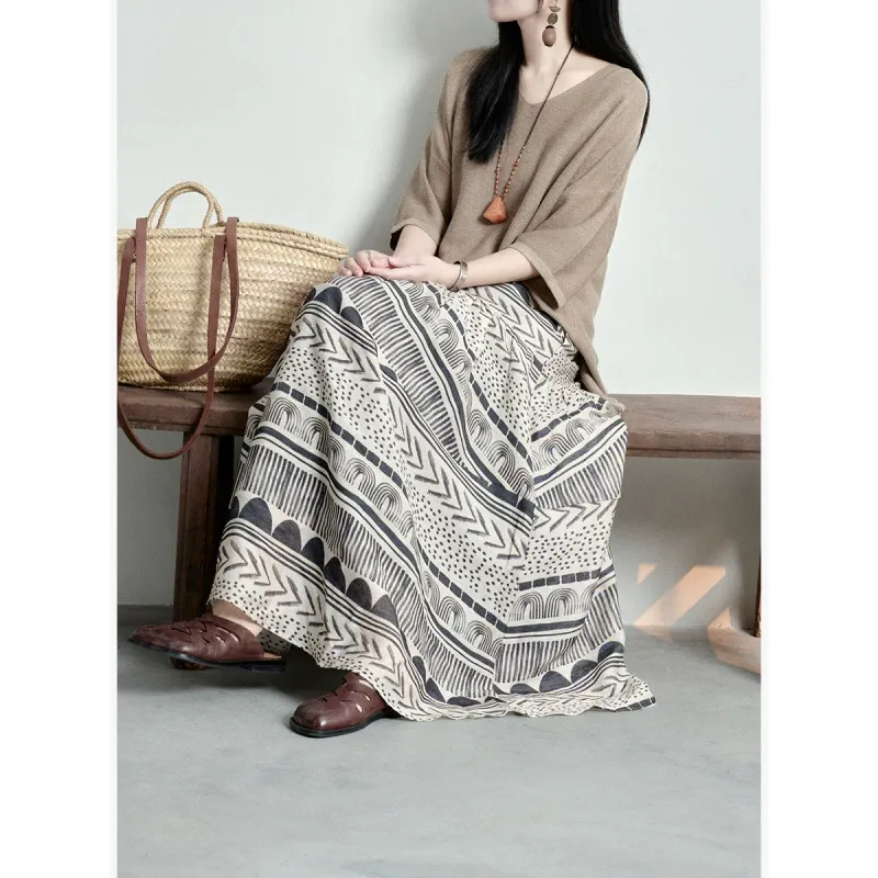 Cotton and linen umbrella-style skirt mid-length dress with lightweight fabric