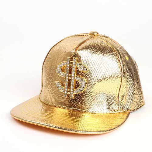 2024 New Style Fashion Hip Hop Leather Baseball Cap Money 3D Painttd Logo With Rhinestone Gold Color Baseball Cap