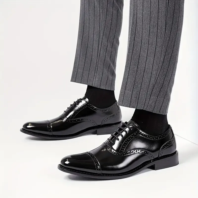 Men's Split Cow Leather Upper Solid Color Cap Toe Microfiber Upper Oxford Shoes, Comfy Non Slip Rubber Sole Durable Formal Shoes, Men's Footwear