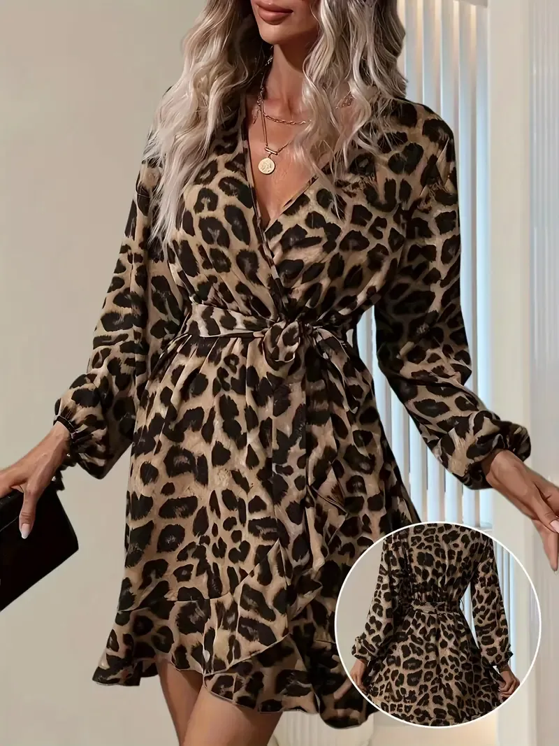Elegant Leopard Print V-Neck Belted Dress, Polyester Ruffle Hem Lantern Sleeve Midi Dress for Women, All-Season Woven A-Line Animal Pattern Dress