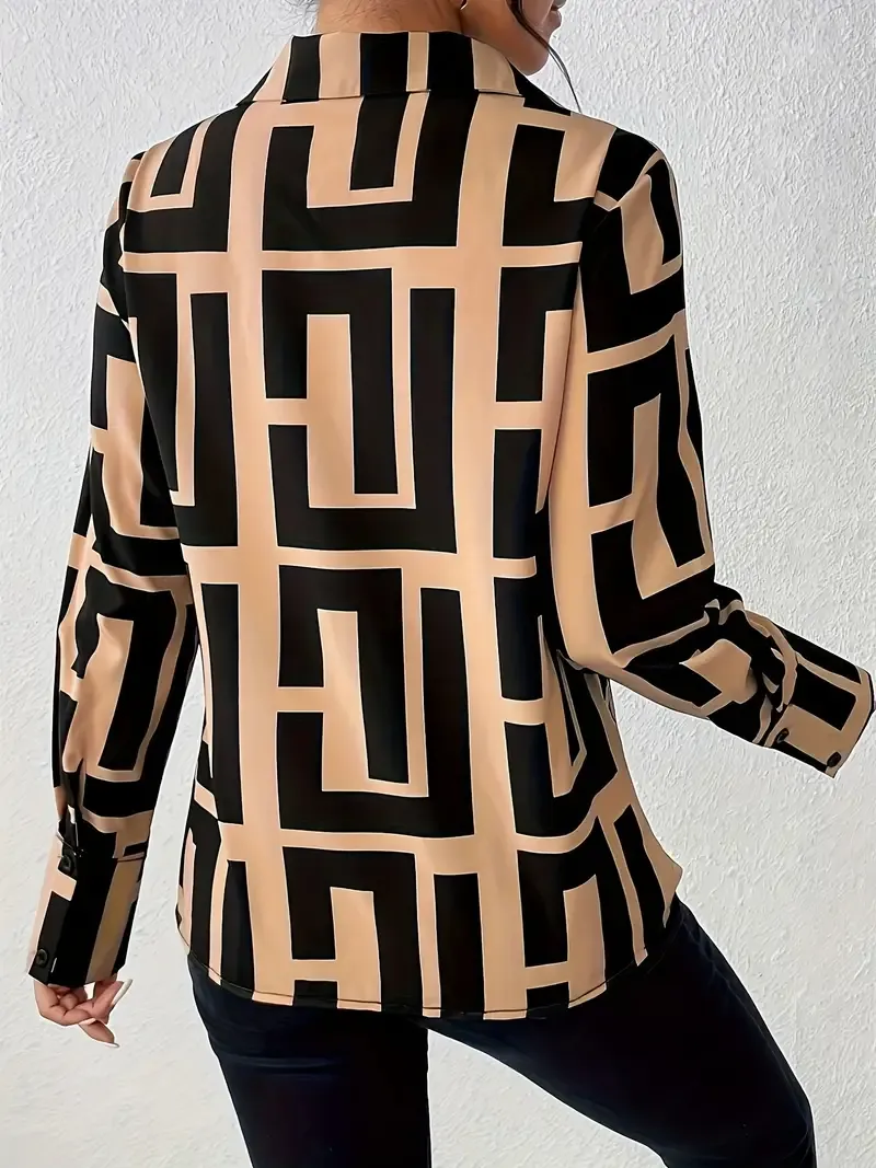 Geo Print V Neck Lapel Blouse, Casual Long Sleeve Blouse For Spring & Fall, Women's Clothing