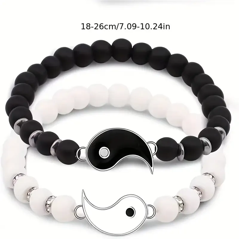 2pcs Yin Yang Tai Chi Bracelets For Women, Elegant & Vintage Beaded Bracelets, Fashion Versatile Jewelry Accessory