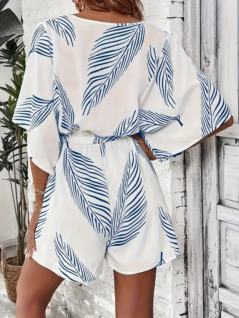 V Neck Graphic Print Romper Jumpsuit, Button Front Tie Waist, Women's Clothing