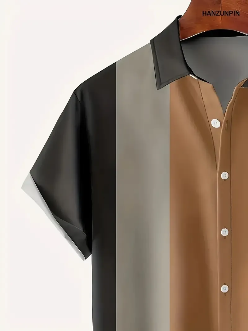 Vintage Stripe Pattern Print Men's Short Sleeve Lapel Shirt Top