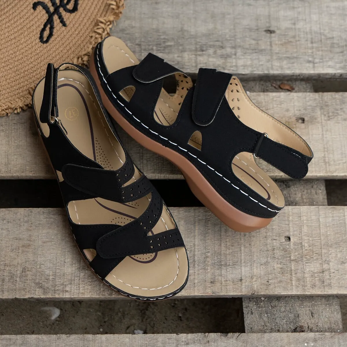 Thick-soled hollowed-out wedge heel Roman Velcro plain-color breathable slip-on women's sandals