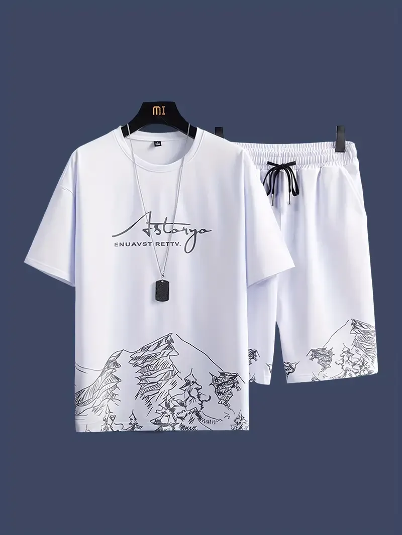 2pcs, Men's Mountains And Trees Print Outfit, T-shirt & Shorts Set, Men's Clothes For Summer