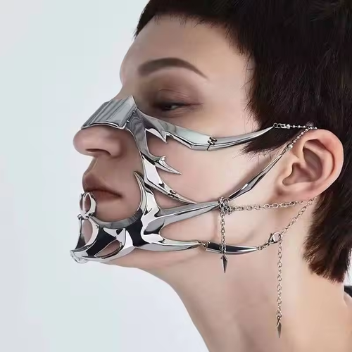 Unisex Hip Hop Women Mechanical Alien Fluid Face Earring Ornament Men Gothic Metal Mask