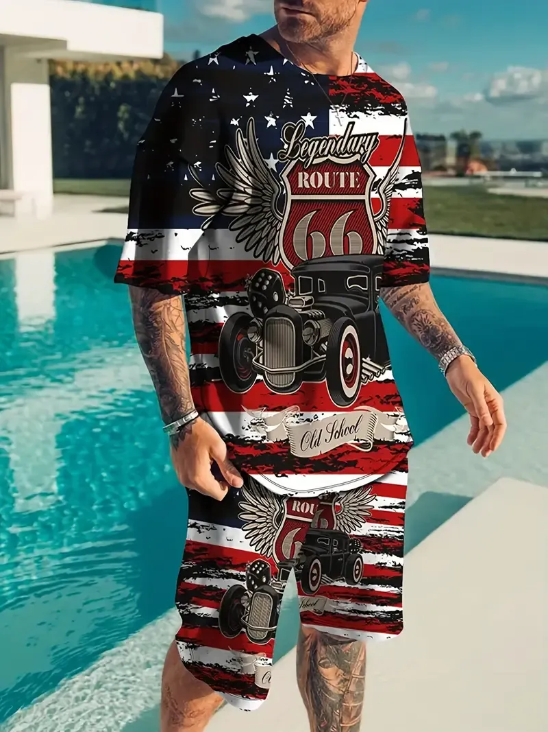 2-piece Men's Summer Leisure Outfit Set, Vintage Car 3D Print Men's Short Sleeve Crew Neck T-shirt & Shorts Set