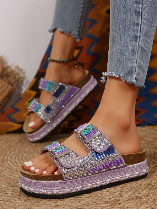 Summer New Arrival: Chunky-Soled Hemp Rope Double-Buckle Rhinestone Cork Beach Sandals