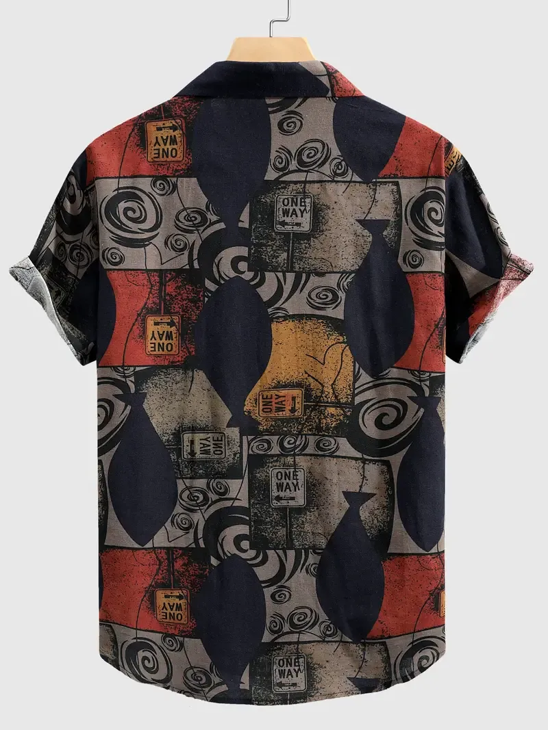 Men's Stylish Loose Cotton Blend Geometric Print Shirt, Casual Breathable Lapel Button Up Short Sleeve Shirt For Summer Outdoor Activities
