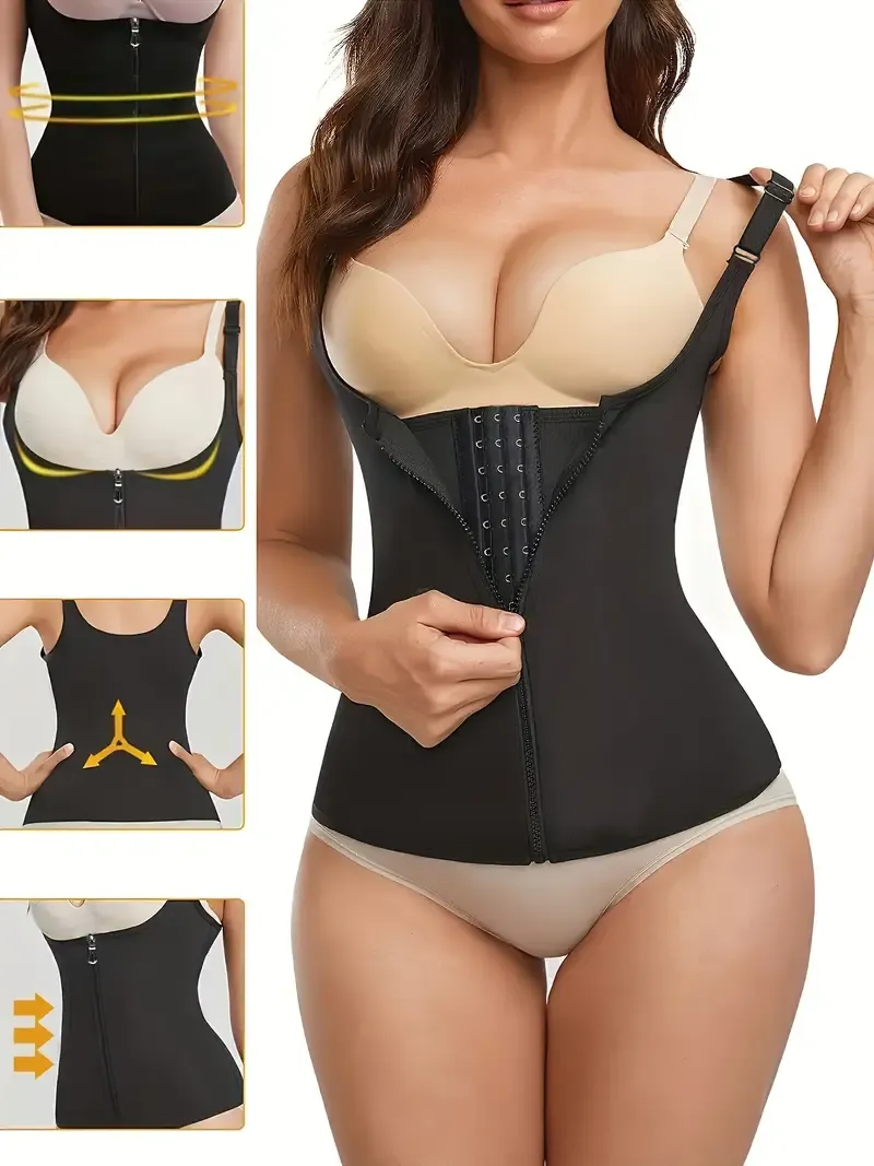 Women's Waist Trainer Corset, Zipper Closure, Sleeveless, Sports Style, Firm Tummy Control Body Shaper Tank Top, Back Support Vest