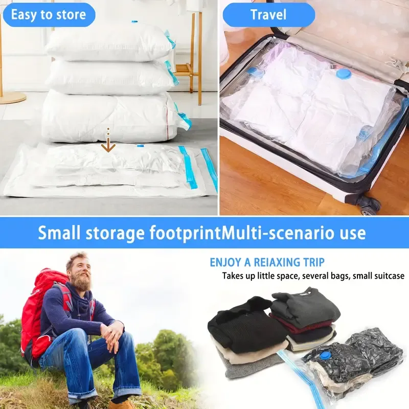 8pcs Vacuum Storage Bag With 1 Hand Pump, Portable Plastic Travel Bag Clothes Storage Bag, For Blankets, Bedding, Clothes, Quilts, Duvets, Ideal Home Supplies, Storage Essentials Space Saver Bags