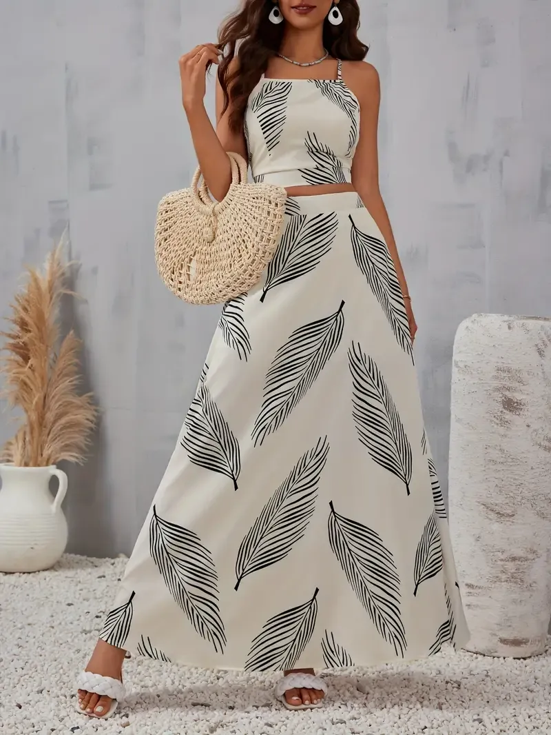 High Waist Tropical Print Crop Slim Halter Top & Flowy Skirt Set, Women's Vacation Clothing