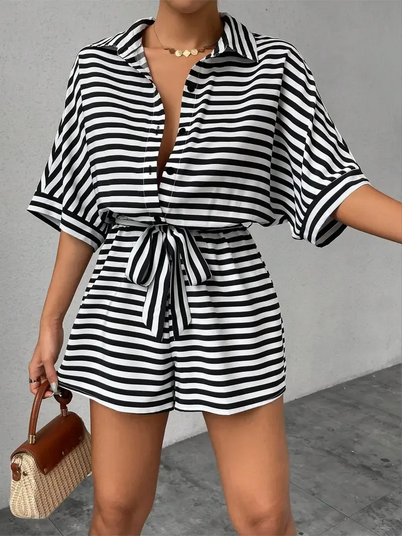 Striped Button Front Romper, Casual Short Sleeve Tie Waist Romper Jumpsuit For Spring & Summer, Women's Clothing