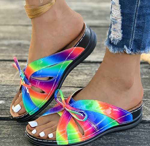 Rainbow Bow Wedge Sandals