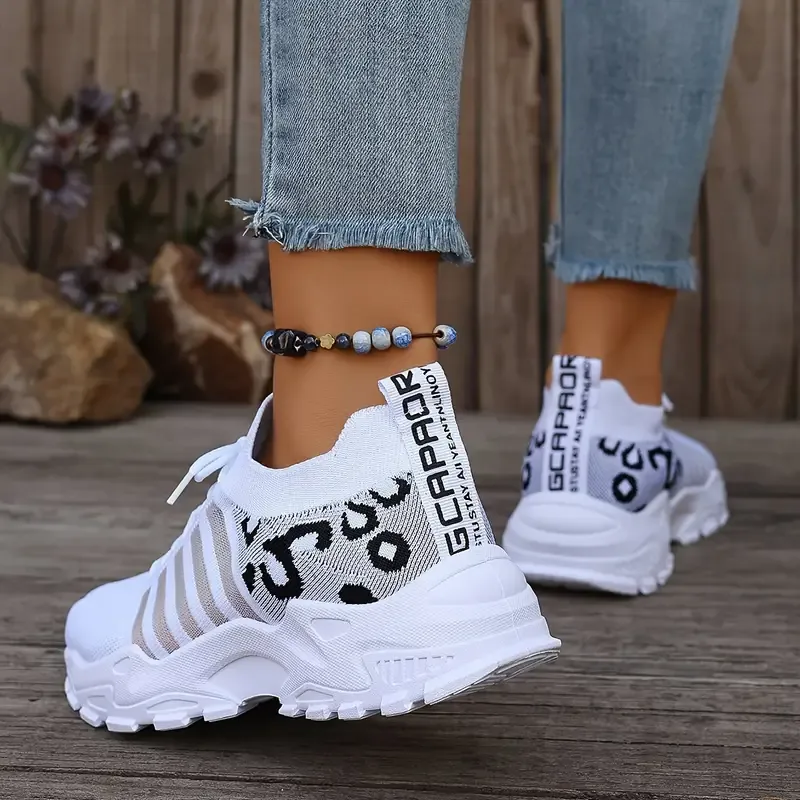 Women's Casual Sports Shoes, Flying Woven Leopard Print Breathable Lace-up Running Shoes, Comfortable Platform Shoes