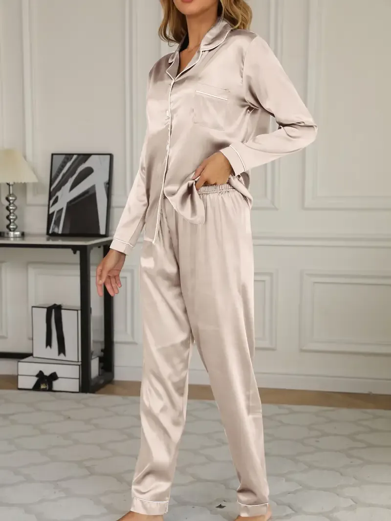 Solid Pajama Set, Long Sleeve Button Up Lapel Top & Pants Pj Set, Women's Sleepwear & Loungewear