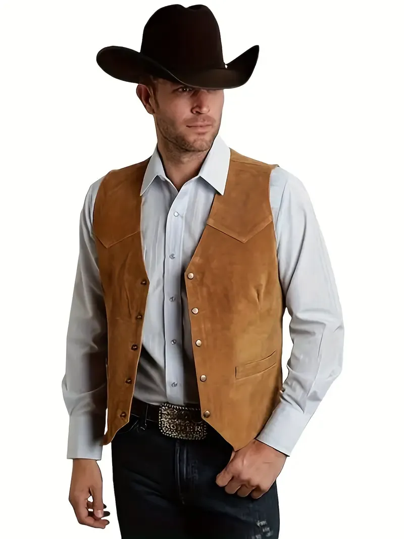 Men's Suede Leather Vest Vintage Cowboy Style Sleeveless Jacket