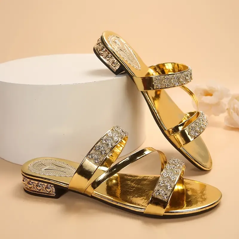 Women's Rhinestone Decor Golden Slides, Fashionable Open Toe Summer Flat Shoes, Casual Outdoor Beach Slide Sandals