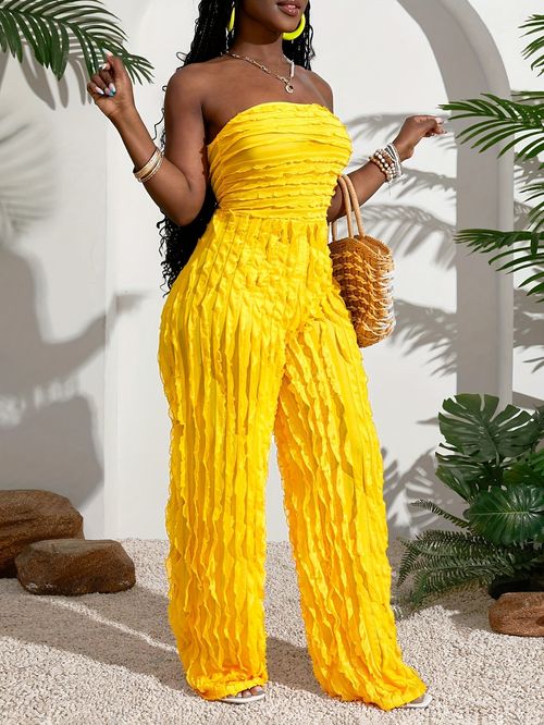 Mesh wave pattern ruffle loose wide-leg jumpsuit