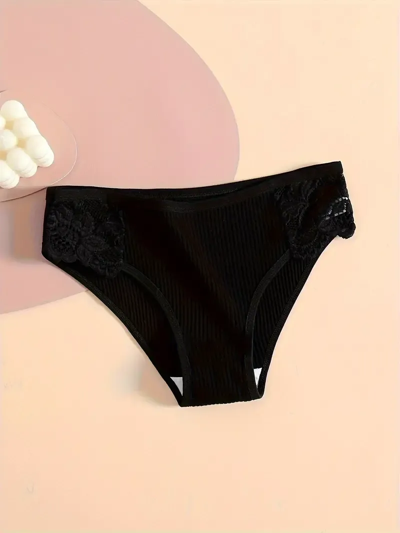 4pcs Contrast Lace Briefs, Comfy & Breathable Ribbed Stretchy Panties, Women's Lingerie & Underwear