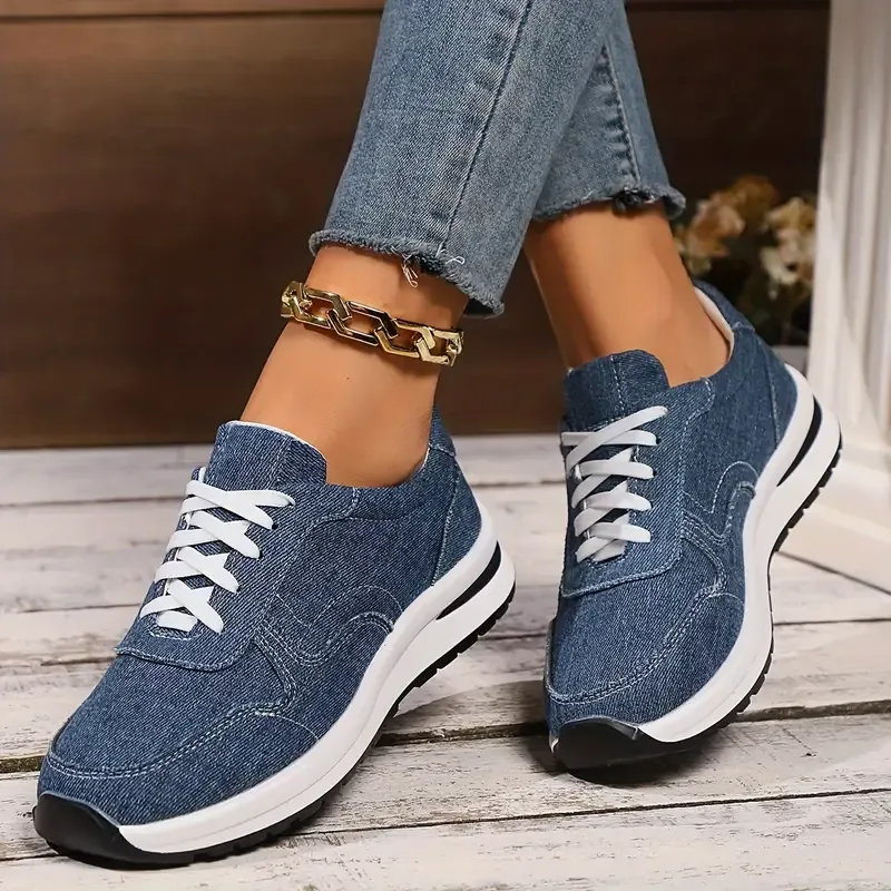 1 Pair Women'S Casual Lace-Up Sneakers, Denim Fabric Low-Top Walking Shoes with Rubber Sole, Breathable Linings, Versatile Solid Color Design for All Seasons