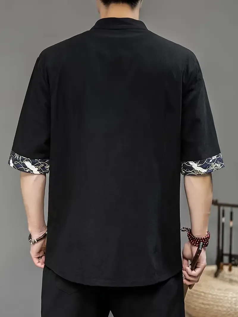 Men's Chinese Style Crane Embroidery Pure Cotton Stand Collar Short Sleeve And Frog Buttoned Henley Neck Tang Suit Shirt, Lightweight And Breathable Leisure Tops For Summer Daily And Outdoors Wear