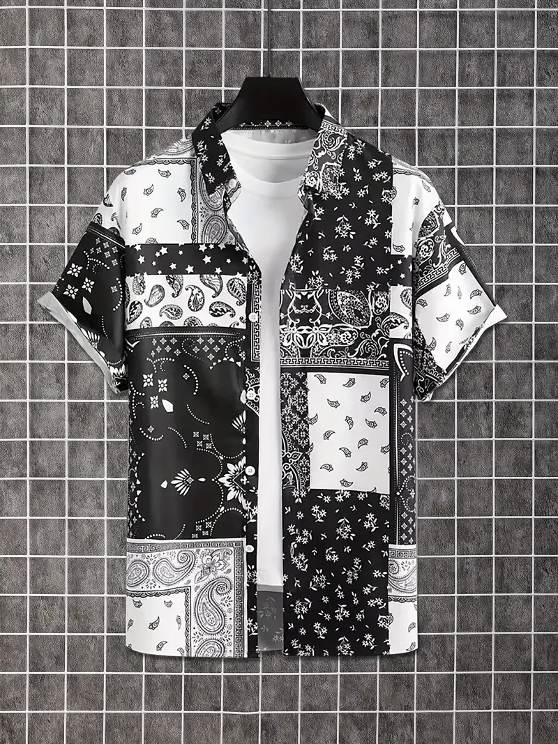 Men's Trendy Lapel Collar Graphic Shirt With Stylish Paisley Pattern Print, Versatile For Summer Vacation And Casual Wear
