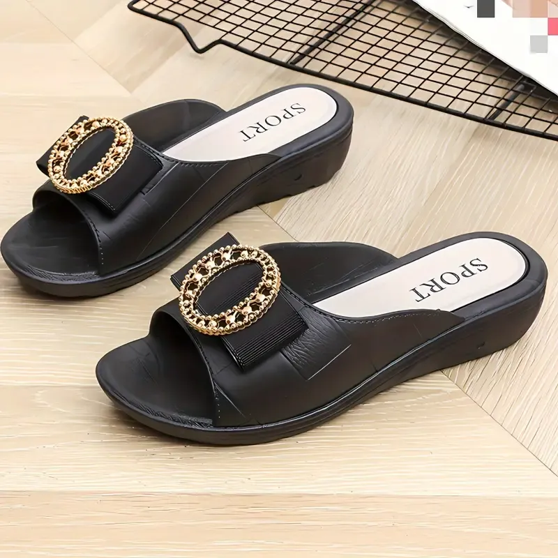 Women's Metallic Bowknot Decor Sandals, Slip On Comfy Platform PVC Slides, Soft Sole Summer Wedge Slides