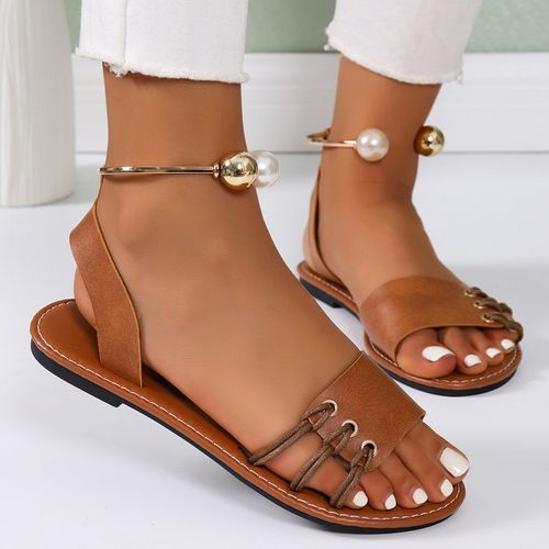 Women's Solid Color Beach Sandals, Casual Buckle Strap Flat Sandals, Lightweight Faux Leather Shoes