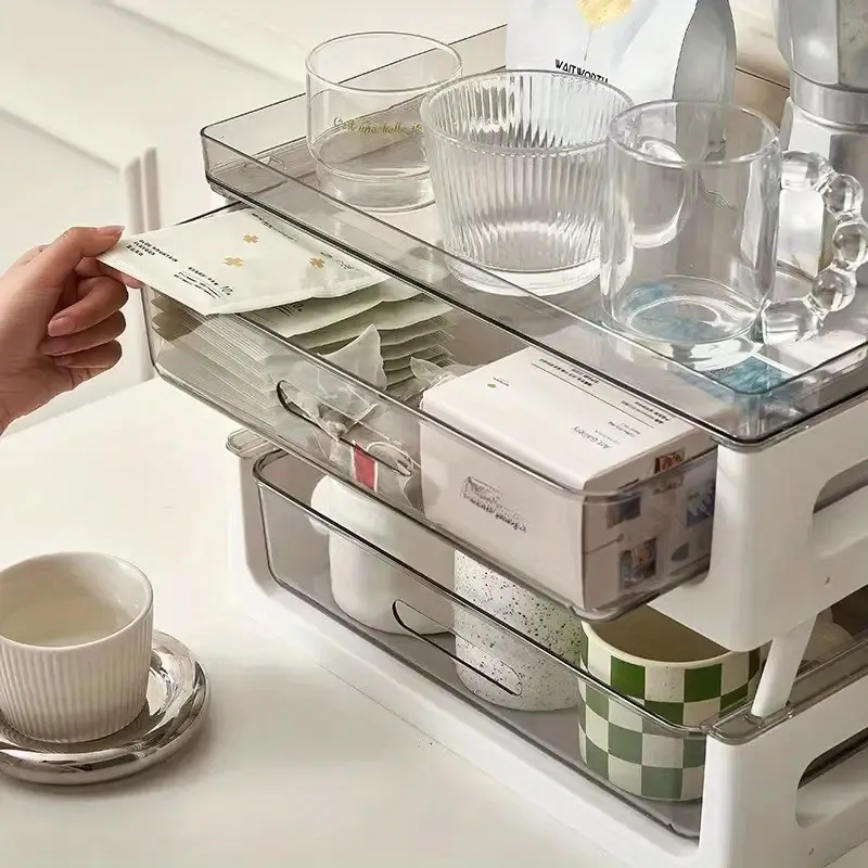 PVC Multi-Drawer Coffee Station Organizer, Cup and Snack Storage Rack with Tea Bag Compartment, Beverage Station Organizer, Kitchen Countertop Espresso Pod Holder